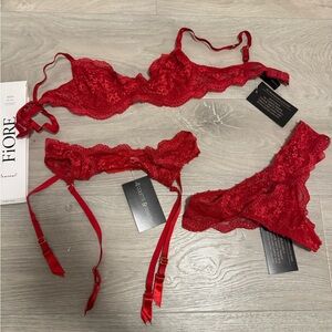 Red Lace Lingerie Set - Bra, Thong, Garter and Heart Stockings